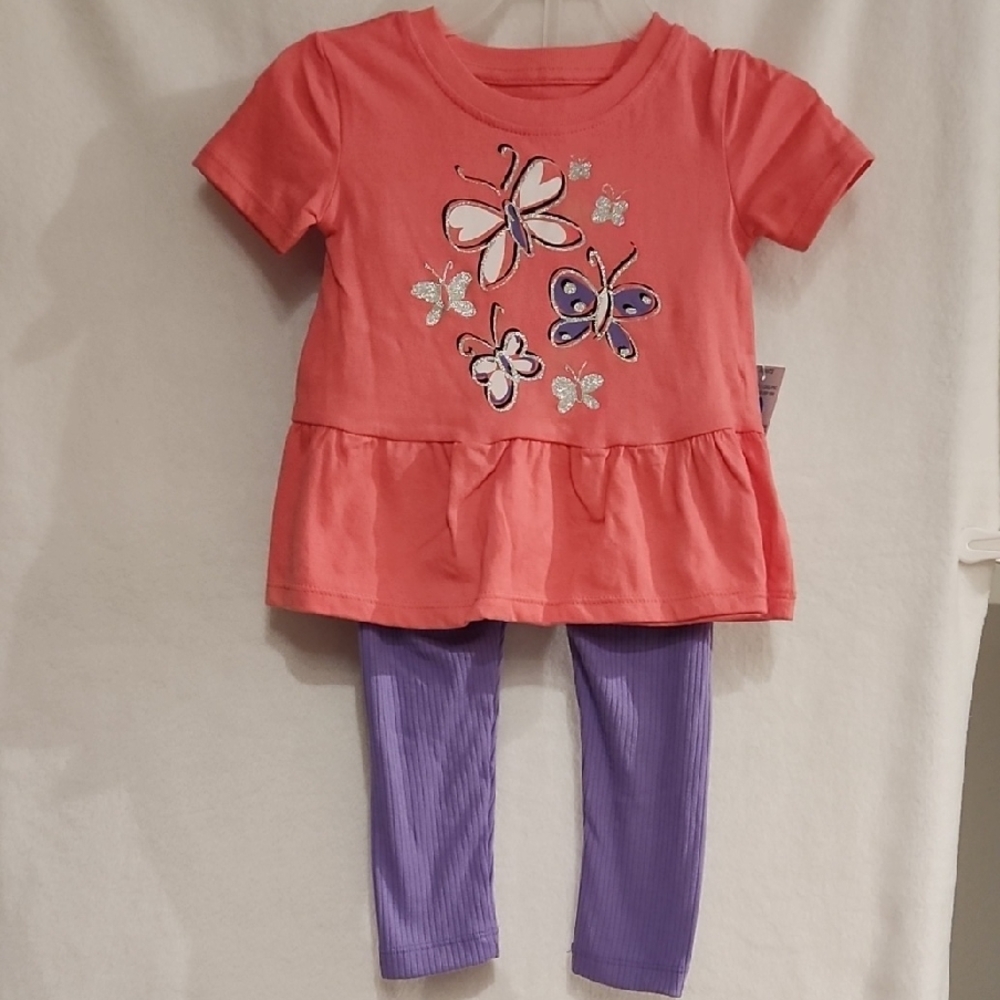 KIDGETS GIRLS 2PC PANT CORAL TOP AND LAVENDER PANTS WITH BUTTER FLY PRINT